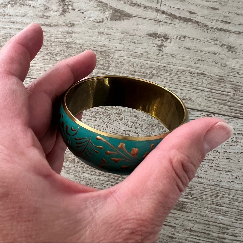 BEAUTIFUL Teal and Gold Floral Bangle Bracelet EUC! - Picture 5 of 9